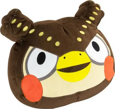 A plush toy owl's face is shown against a white background.