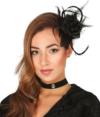 Produktbild von Blumen Haarspange mit Rose und Federn in Schwarz als Kostümaccessoire für Halloween und Karneval