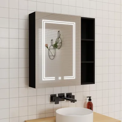 Produktbild von LED Spiegelschrank mit Seiteschrank 80x70 cm, beschlagfrei, mit 3 dimmbaren Lichtfarben, Rasiersteckdose, IP44 - Hochglanz Schwarz