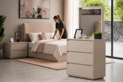 Obrázek produktu pro Beigefarbene Kommode mit Spiegel Holz modern Jugendzimmer Schlafzimmer