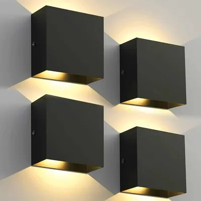 Image de Applique murale LED moderne - Applique murale - Lot de 4 - 6 W - Blanc chaud 2700–3500 K - Éclairage vers le haut et vers le bas - Aluminium - 10 × 5 × 10 cm - Noir