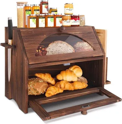 Productafbeelding van Famanu broodtrommel van hout, groot, met 2 compartimenten en een transparant venster - 39 x 24 x 32 cm