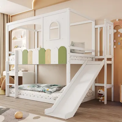 Produktbild von Flieks Etagenbett 90x200cm mit Rausfallschutz, Kinderbett Hausbett mit Rutsche, Kinder Hochbett mit Fenster, Stockbett Weiß