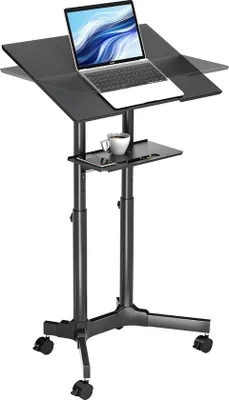 Immagine prodotto di Supporto per laptop regolabile in altezza con rotelle, postazione da ufficio, postazione di lavoro in piedi o seduti, nero, ufficio