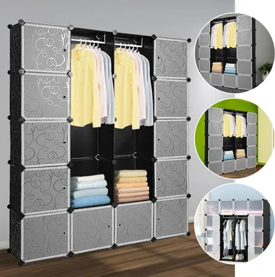 Obrázek produktu pro Hengda DIY šatní policový systém botník 20 plastových kostek věšák, 142x37x180cm černá a bílá
