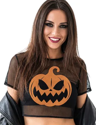 Productafbeelding van Halloween pompoen nethemd, griezelig ontwerp, zwart, pompoenprint, top voor een enge party, voor een mysterieus feest. Kleur: zwart/oranje, AI-gegenereerde afbeelding