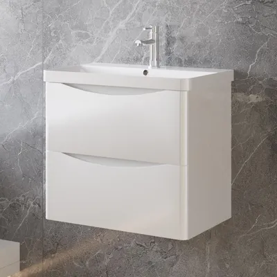 Produktbild von Badezimmerschrank 60cm Mineralguss Waschtisch mit Unterschrank Hochglanz Weiß Badmöbel Set mit Soft-Close
