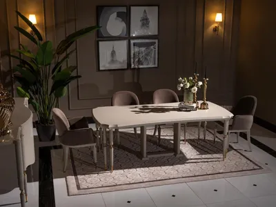 Produktbild von Essgruppe Essecke Esstisch Stühle Set 7tlg Esszimmer Beige Holz Design