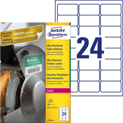 Image de AVERY Zweckform Ultra-Resist. Etiquettes en plastique, 63,5x33,9 mm Couleur : blanc, extrêmement résistantes, très solides - 1 pièce (L7912-40)