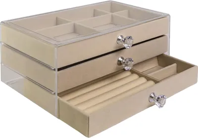 Produktbild von Intirilife Schmuckkästchen mit 3 Schubladen in Beige - 23.5 x 15 x 10.5 cm - Schmuckschatulle für Ringe Armbänder Ohrringe Ketten Aufbewahrungsbox Organizer Schmuckbeutel