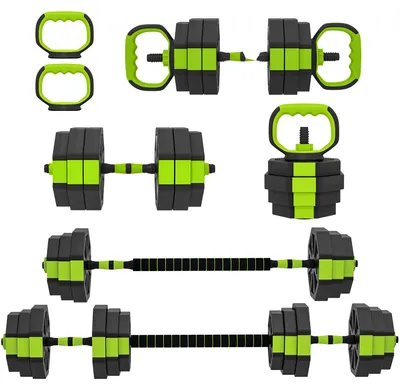 Productafbeelding van Verstelbaar gewichtset van 20 kg - 6-in-1: dumbbell, halter, kettlebell - Voor thuisgebruik, krachttraining - Met push-up handgrepen - Voor armtraining - Groen