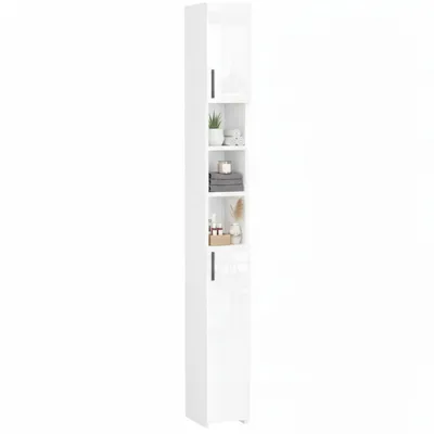 Produktbild von Badschrank – Hoher Badezimmer-Säulenschrank mit 8 Fächern, Weiß Hochglanz, 182 cm