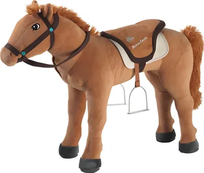 A plush toy horse with a saddle and bridle, standing on a white background.