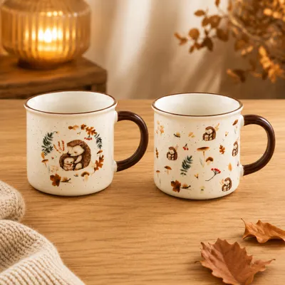 Produktbild von Tassen Set Igel 370 ml - Teetassen mit 2 Waldtier-Motiven, braun