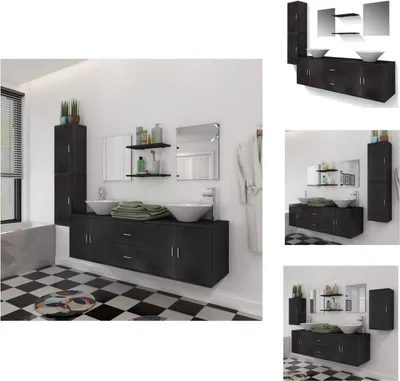 Produktbild von vidaXL 9-tlg. Badmöbel und Waschbecken Set Schwarz -  Badezimmermöbel-Sets