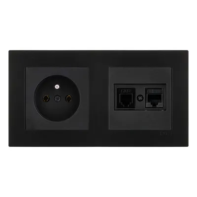 Image de Prise simple + prise informatique RJ45 cat. 6 + prise téléphonique RJ11 noire + cadre KARELL noir métallisé EXEN