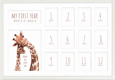 Immagine prodotto di FRAMAI® Cornice per quadri Il primo anno, collage di foto mese per mese, 40x60 cm, rettangolare, stile rustico moderno, design a giraffa, decorazione per la camera dei bambini con passepartout bianco