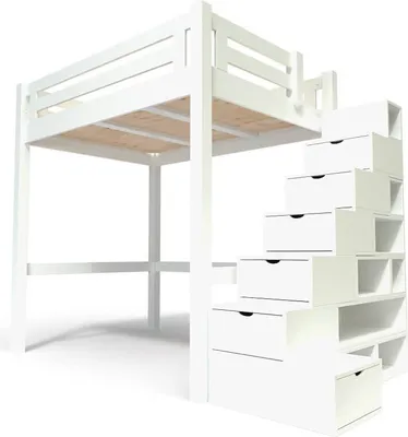 Produktbild von Hochbett in holz 160x200 Alpage mit treppenregal - Weiß
