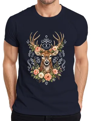 Produktbild von Eleganter Hirsch Blumenkranz Geweih Wald Boho Natur Lederhose Reh Herren T-Shirt, Navy, L