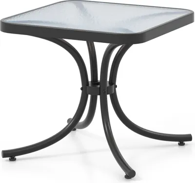 A square glass-top side table with a black metal base.