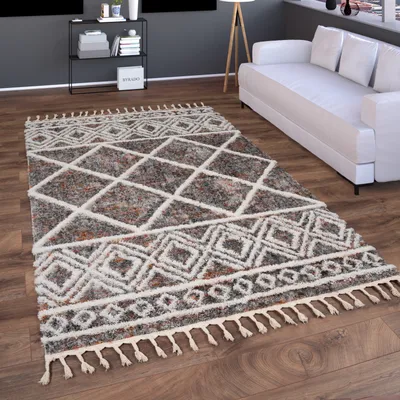 Produktbild von Hochflor Teppich Wohnzimmer Shaggy Boho Modern Skandi Rauten Fransen Grösse 240x340 cm