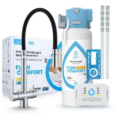 Obrázek produktu pro Ari třícestý kuchyňský bateriový systém Highflex, chrom, výsuvná sprchová hlavice. Součástí balení je systém filtrace vody Dafi D1 a pod umyvadlová instalace