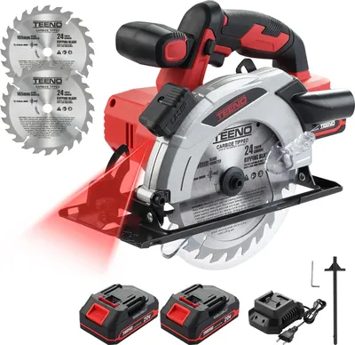 Produktbild von TEENO Akku-Laser-Kreissäge 4000 RPM mit elektrischer Bremse, 2X2.0 AH Akkus, 2X165mm Sägeblätter, einstellbare Schnitttiefe und -winkel bis 38mm (45°)