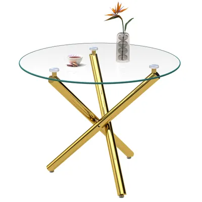 Imagen del producto de Mesa redonda para comedor, con un diámetro de 80 cm, superficie de cristal templado y estructura de metal con tres patas