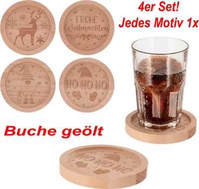 Produktbild von Untersetzer Glasuntersetzer Holz Buche Natur Geölt 4er Set Weihnachten