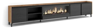 Image de PULLER Meuble tv effet bois noir et chêne 315x35x61cm cheminée effet feu XXL