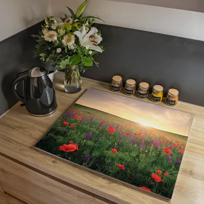 Produktbild von banjado Herdabdeckplatte einteilig 60x52cm groß mit Gummi Abstandshalter, ESG Sicherheitsglas mit Motiv Sommerfeld [HAP1 12679]