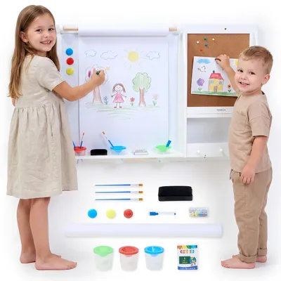 Immagine prodotto di Lavagna magnetica per bambini Mamabrum, con rotolo di carta, lavagna in sughero e superficie da disegno cancellabile, dimensioni 90 x 10 x 60 cm, inclusi 3 pennelli, pennarelli e 3 magneti