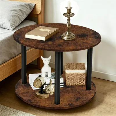 Produktbild von Runder Couchtisch aus Holz auf Rollen,2 Ebenen Kleiner Beistelltisch mit Ablage,Modern Sofatisch Nachttisch Für Kleine Räume,Wohnzimmer 60x60x53cm