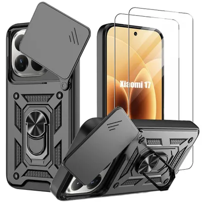 Image de Coque + 2 Verres Trempés pour Xiaomi 17, Antichoc avec Anneau et Protection Caméra Coulissante - Noir