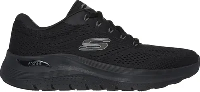 A side view of a black Skechers Arch Fit shoe against a white background.