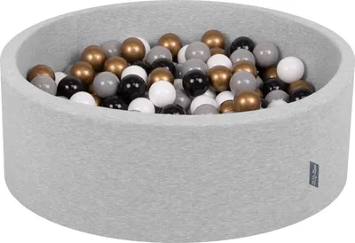 Zdjęcie produktu dla KiddyMoon suchy basen okrągły z piłeczkami 7cm jasnoszary: biały-szary-czarny-złoty 90x30cm/200piłek zabawka basen piankowy