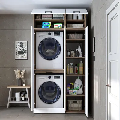 Immagine prodotto di Mobile lavatrice Roomart "DORA SET" per asciugatrice e lavatrice, larghezza 115 cm, in 4 colori, con ante e ripiano estraibile - Bianco - Rovere bianco - Rovere antracite - Rovere