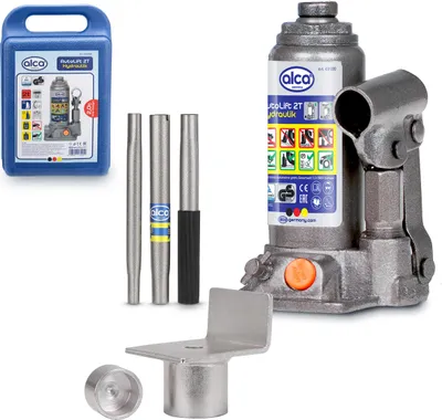 Produktbild von alca® Hydraulischer Wagenheber 2t im Koffer mit L-Adapter I Stempelwagenheber aus Stahl I Hubhöhe 158–308 mm I Autoheber für PKW, SUV, Caravan I Unterstellheber mit Adapter für schwierige Hebepunkte