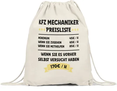 Produktbild von KFZ Mechaniker Preisleiste Turnbeutel Gymsack Schwarz Beruf Arbeit Job Autos Autohaus Technik Werkstatt Werkzeug Auto