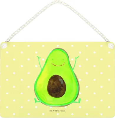 Produktbild von Mr. & Mrs. Panda Schild Avocado Glücklich DIN A4 - Gelb Pastell - Geschenk, Frucht, Holzschild, Wandbild Holz, Freude, Deko, Chaos, Türschild, holzbild