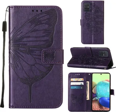 Produktbild von Galaxy A71 5G Hülle, Schmetterling Prägung Flip Leder Kartenfächer Schutzhülle Ledertasche mit Ständer für Samsung Galaxy A71 5G Lila