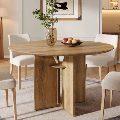 Image de Table à manger ronde Tribesigns, 100 cm Table de cuisine de style rustique avec compartiment de rangement et piètement stable en X pour salle à manger, salon et cuisine, marron