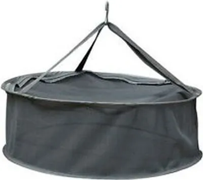 A gray mesh drying net hanging from a hook.
