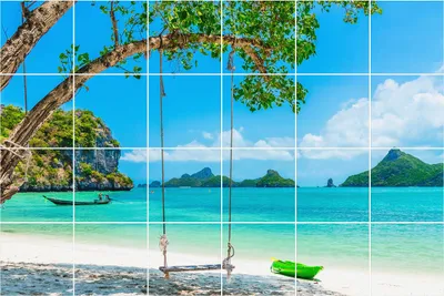 Produktbild von Fliesenaufkleber 15x15 cm – 24 Stück – Selbstklebend – Wasserfest – Pflegeleicht – Hitzebeständig – Für Küche & Bad – Schaukel am Meer