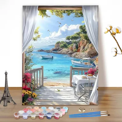 Produktbild von Malen nach Zahlen Erwachsene Blick aufs Meer 40x50cm Ohne Rahmen Acrylfarben Pinsel Set