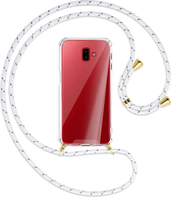 Produktbild von Handykette Backcover-Schutzhülle mit Band (Metall goldfarben) für Samsung Galaxy J6 Plus - weiß/grau
