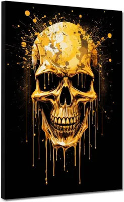 Produktbild von Totenkopf Gold Dark Style Leinwandbild Wandbild Kunstdruck XL Wanddeko: 90x120x2cm