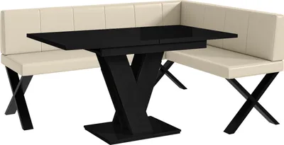 Produktbild von MEBLINI Eckbank für Esszimmer mit ausziehbarem Tisch  - Küchenbank - Essecke - Sitzecke Küche - PETER - X-Beine 128x168x87cm Rechts - Creme Kunstleder/M Schwarz Hochgl.