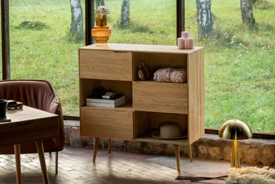 Produktbild von Mobello Regal Elegantes Highboard aus Massiv Eichenholz, Stilvoller Mehrzweckschrank, 107x40x105 cm