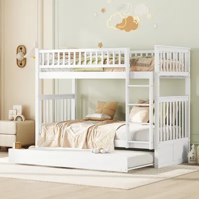 Produktbild von Flieks Etagenbett 90x200cm mit Ausziehbett, Hochbett mit Rausfallschutz und Lattenrost, Kinderbett mit Leiter, Stockbett 2 Kinder, Weiß